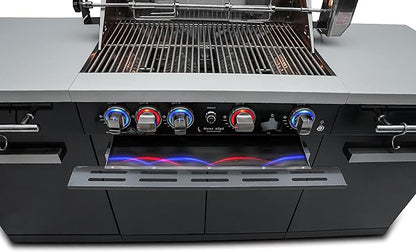 Mont Alpi MA-957 5-Burner 63000 BTU Black Stainless Steel Outdoor Kitchen Bar Gas Island Grill with Infrared Rear Burner + Rotisserie Kit + Granite Countertop + Storage Cabinets & Full Weather Cover