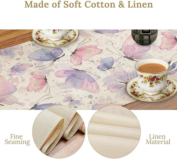 Watercolor Butterfly Table Runner, Pink Purple Butterfly Splash Spot Doodle Art Table Runner for Holiday Kitchen Dining Outdoor Home Party 13x90in