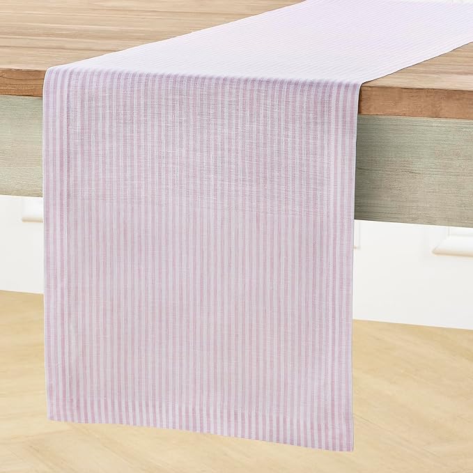 Solino Home Linen Table Runner 132 Inches Long - Narrow Stripe, 100% Pure Linen Pink and White Farmhouse Table Runner 14 x 132 Inch for Dining, Valentines, Spring, Easter