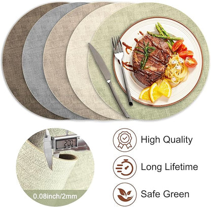 Round Faux Leather Placemats and Coasters, Set of 4, Reversible Heat Resistant Non-Slip Table Mats, Waterproof Wipeable Place Mats for Dining Table, Washable for Indoor & Outdoor (4, Light Green)