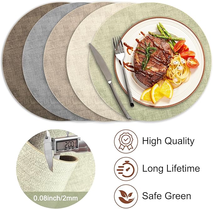 Round Faux Leather Placemats and Coasters, Set of 6, Reversible Heat Resistant Non-Slip Table Mats, Waterproof Wipeable Place Mats for Dining Table, Washable for Indoor & Outdoor (6, Light Green)