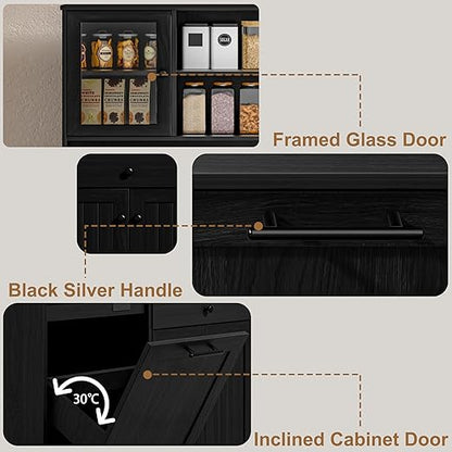 OLD CAPTAIN Tilt Out Trash Cabinet with Deodorising Function, Kitchen Hutch with Microwave Shelf and Drawer, Kitchen Pantry with Trash Cabinet for 10 Gallons, Black