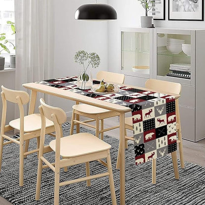 Farmhouse Bear Deer Table Runner, Retro Rustic Village Buffalo Plaid Table Runner for Coffee Table Dining Room Table Bedroom Party Holiday 13x90in