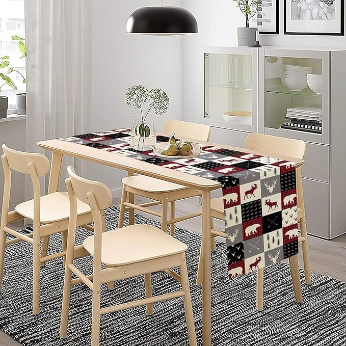 Farmhouse Bear Deer Table Runner, Retro Rustic Village Buffalo Plaid Table Runner for Coffee Table Dining Room Table Bedroom Party Holiday 13x70in