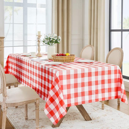 Softalker Gingham Checkered Tablecloth Rectangle - Outdoor Waterproof Buffalo Plaid Table Cloth, Stain Resistant Washable Table Cover for Picnic, Camping, Dining - Red and White, 54 x 120 Inch