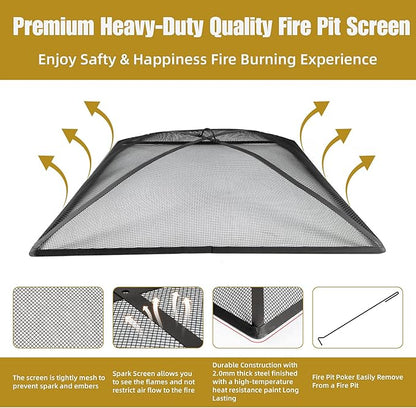 WeCooper 32Inch Heavy Duty Fire Pit Spark Screen Cover, Steel Mesh Square Firepit Screen, Fire Pit Ember Guard with FirePit Poker