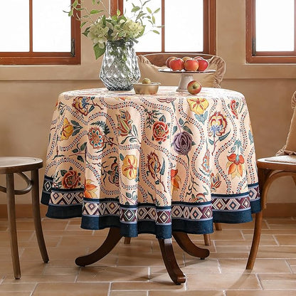 Vintage French Round Tablecloth,Linen Extra Long Tablecloth with Rose and Cornflower Pattern,Decorative Table Cover for Kitchen,Dining,Thanksgiving,Party,Diameter 67"-Lanae