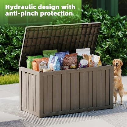 EasyUp 150 Gallon Outdoor Storage Box Waterproof, UV Resistant Resin Deck Box with Hydraulic Rod, Reinforced Stability for Patio, Garden, and Pool, Striped Gray
