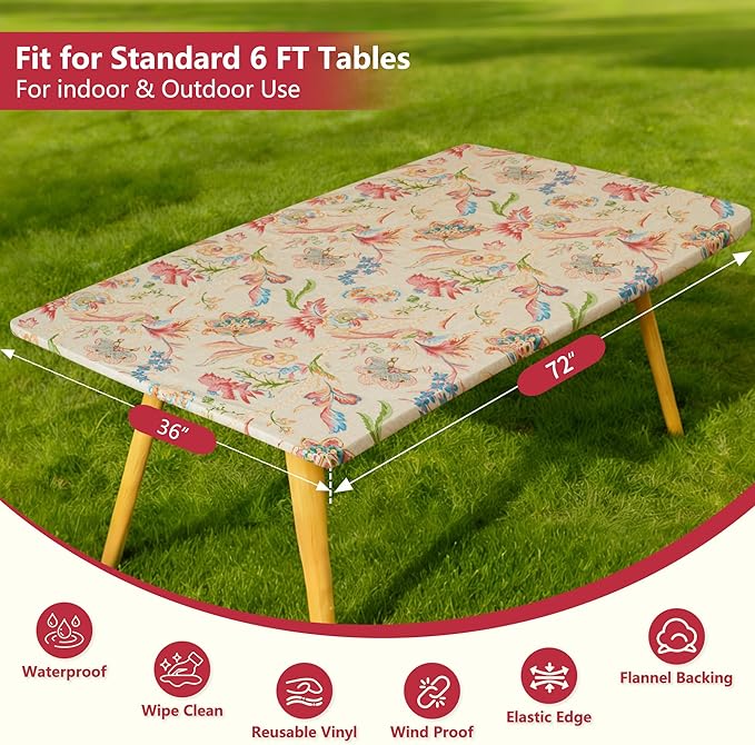 Rectangle Picnic Table Cloth, Elastic Waterproof Fitted Vinyl Tablecloths for 6 Foot Tables, Wipeable Flannel Backed Table Covers for Dining, Camping, Outdoor(Songbird,36"x72")