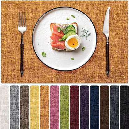Blue Forest Placemats Set of 6, Dual-Layered Thickened Faux Linen Cloth Place Mats Heat Resistant Machine Washable Wrinkle Free Table Mats Indoor/Outdoor (Orange)
