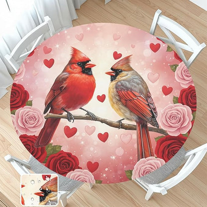 Valentines Day Round Fitted Tablecloth with Elastic Cardinal Bird Heart Circle Table Cloth for 48-52" Tables Wipeable Waterproof Washable Valentine Red Birds Table Cover for Picnic Dining Party Decor