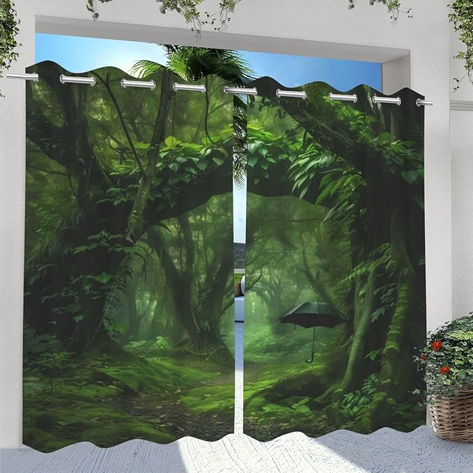 Nature Theme Waterproof Indoor/Outdoor Curtains,Forest Pattern,Privacy Weatherproof Grommet Outside Curtains for Porch, Pergola, Cabana,2 Panel,W54 x L96,Green