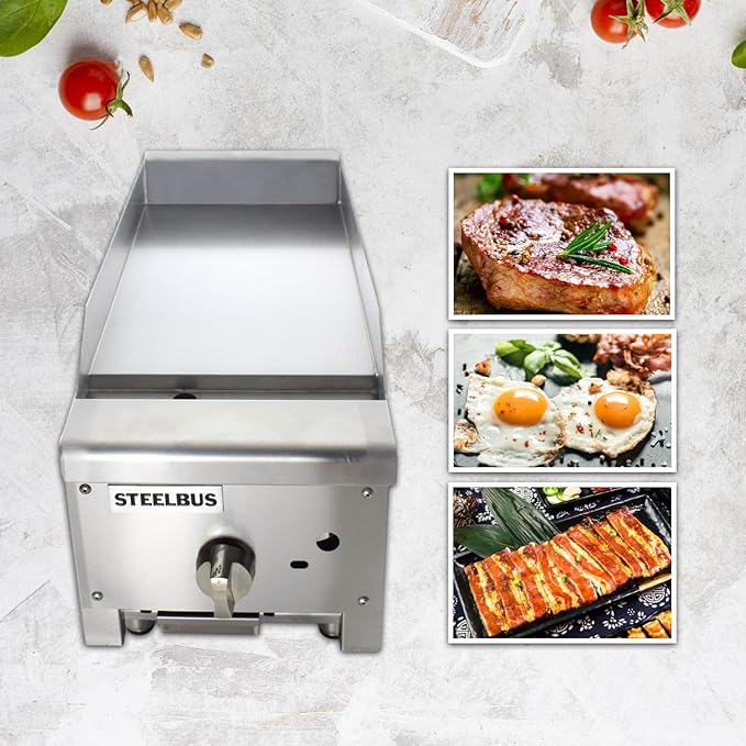 Commercial Gas Griddle-12''x23'' | Gas griddle flat top grill |19MM Thicken Heating Plate Heavy duty Stainless Steel gas Griddle,Countertop Griddle for Restaurant Equipment-22,000 BTU 6000W