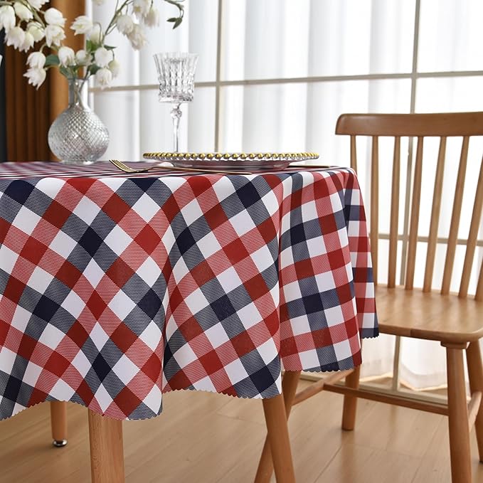 Waterproof Plaid Tablecloth Fabric - Round 58 Inch Classic Gingham Checker Table Cloth for Indoor/Outdoor Use - Buffalo Table Cover for Picnics, BBQs, and Parties