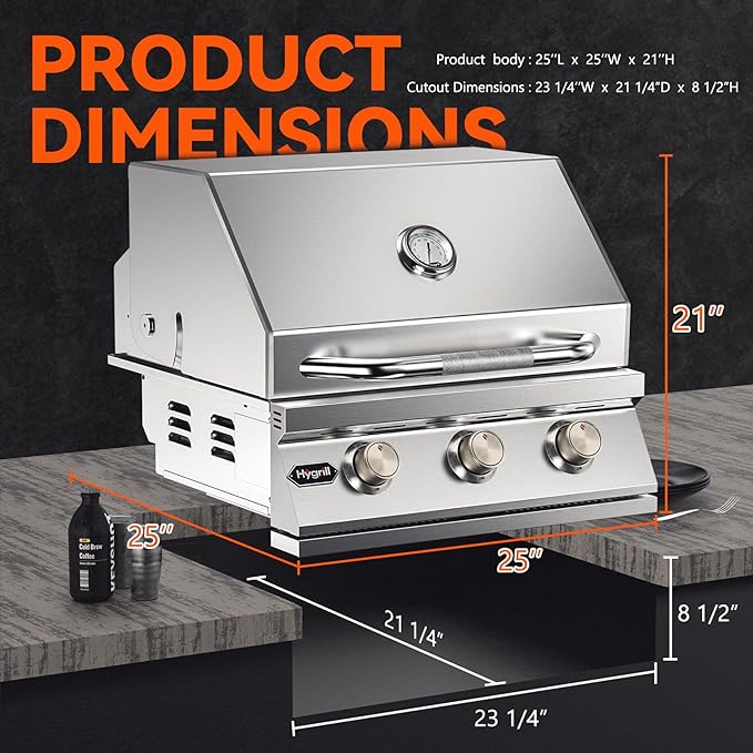 Hygrill Heavy Duty 3-Burner Built In Grill, Stainless Steel Grill Head for Outdoor Kitchen, Liquid Propane