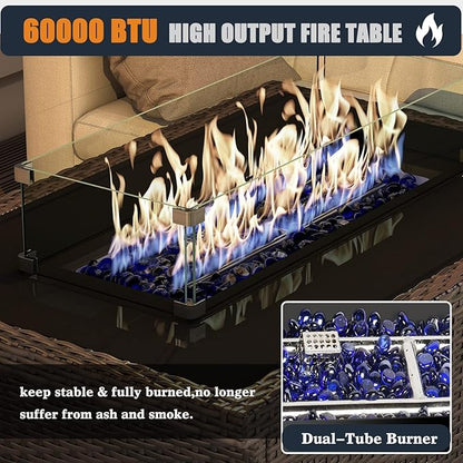 44 Inch Propane Gas Fire Pits Table for Outside Patio, 60000 BTU Rectangular Outdoor Wicker Rattan Fire Pit with Glass Wind Guard