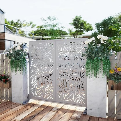 Casaphoria 72" H x 47" W Metal Outdoor Privacy Screen, Freestanding Decorative Divider for Patio, Deck, Balcony, and Garden with Stable Base, White Bamboo Leaves