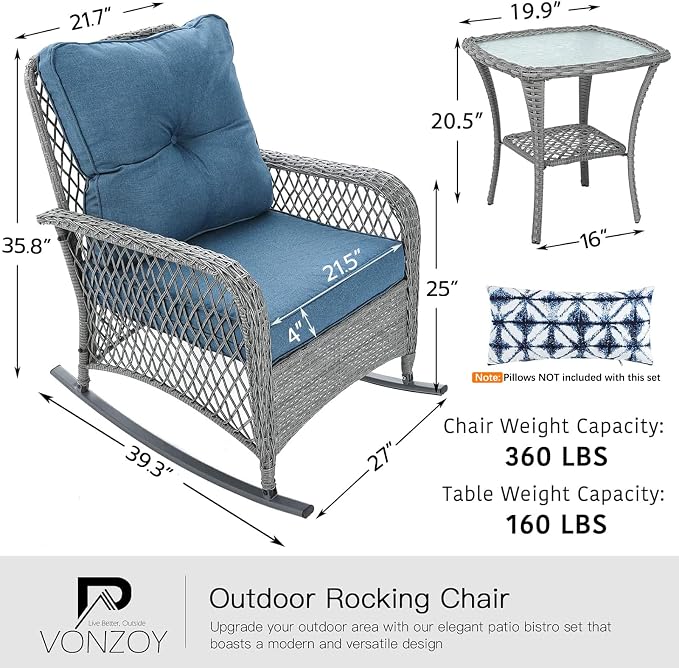 Patio Furniture Set 3 Pieces, Wicker Outdoor Rocking Bistro Set, Backyard or - Image 7