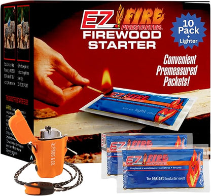 – 10 Pack All-Natural Fire Starters for Campfires, Fire Pits, BBQs & Fireplaces – Long Burning, Weather-Resistant, Non-Toxic + Survival Frog Rechargeable Lighter Kit