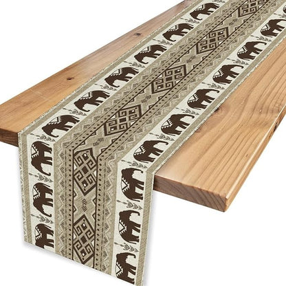 African Tribal Table Runner, Rustic Boho Elephants Diwali India Aztec Bohemian Animal Brown Ethnic Folk Coffee Table Center Decor for Home Kitchen Holiday Party Outdoor Table Decorations, 13"x108"