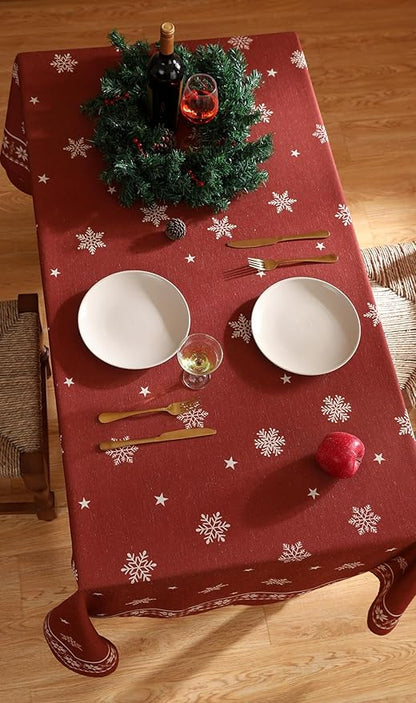 ISAENNE Designer Christmas Red Small Rectangular Tablecloth,Linen Table Cloth with Snowflakes Pattern,Wrinkle Resistant Decor Tablecloths for Dining Kitchen Thanksgiving Christmas,55"*71"-Carol C