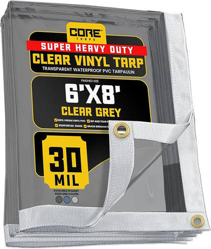 Core Tarps 30 Mil Extreme Heavy Duty Clear Tarp with Gromments - 6x8ft Super Clear Tarps Heavy Duty Waterproof Vinyl Tarpaulin, Transparent Tarp for Outdoor, Camping & Construction, Clear Grey