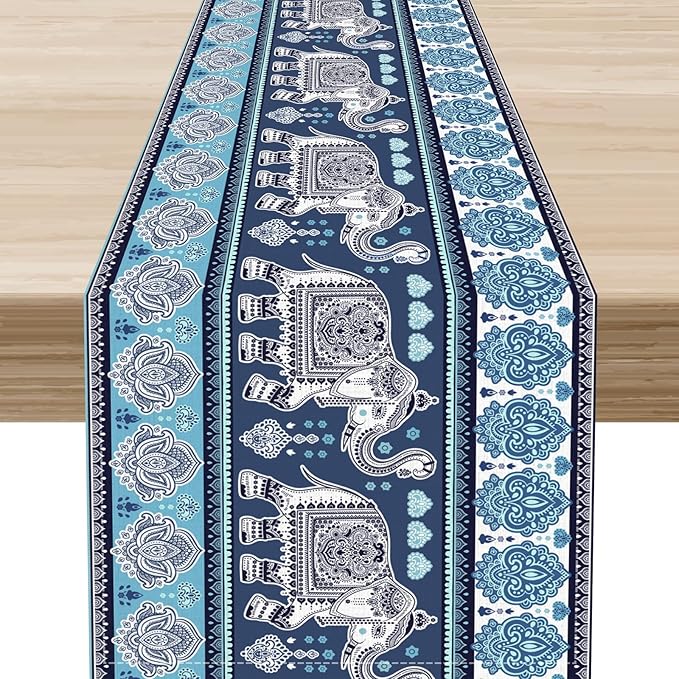 Boho Elephant Table Runner, Rustic African Tribe Animal Diwali India Damask Mandala Art Print Blue Coffee Table Center Decor for Home Kitchen Dining Holiday Party Outdoor Table Decorations, 13"x36"