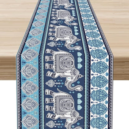 Boho Elephant Table Runner, Rustic African Tribe Animal Diwali India Damask Mandala Art Print Blue Coffee Table Center Decor for Home Kitchen Dining Holiday Party Outdoor Table Decorations, 13"x90"
