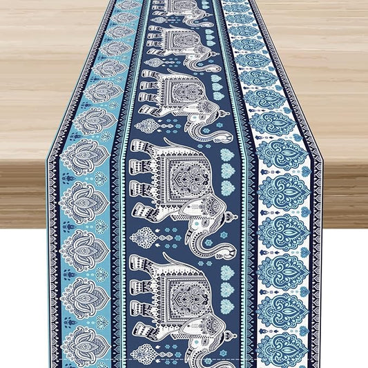 Boho Elephant Table Runner, Rustic African Tribe Animal Diwali India Damask Mandala Art Print Blue Coffee Table Center Decor for Home Kitchen Dining Holiday Party Outdoor Table Decorations, 13"x108"