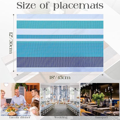Set of 6 Colorful Striped Vinyl Placemats Heat-Resistant Washable Placemats Non-Slip Woven Table Mats Wipeable Placemat for Kitchen Dining Table Decoration Indoor Outdoor (Ocean Blue)