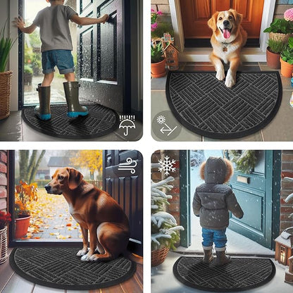 Smiry Half Circle Front Door Mat Outside Entrance, Heavy Duty Outdoor Indoor Natural Rubber Doormat, Non Slip, Trap Dirt and Moisture, Easy Clean, Low Profile Patio Porch Entryway Mat, 29.5x17, Black