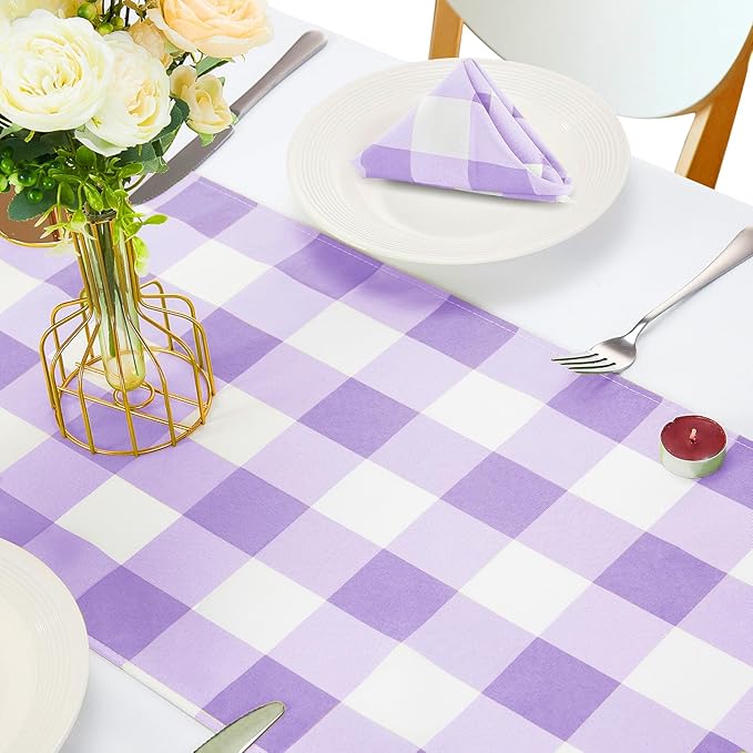 Fabric Checkered Table Runner 1 Pack Waterproof Gingham Table Runner 14W x 108L Buffalo Check Table Runners for Parties Kitchen Dining Wedding Banquet (Lavender and White)