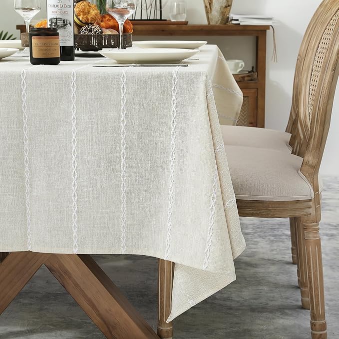 Chassic 60 x 104 inches Farmhouse Style Linen tablecloths, Wrinkle Resistant Washable Dining Room Table Cloths for 6 Foot Rectangle Tables - Beige