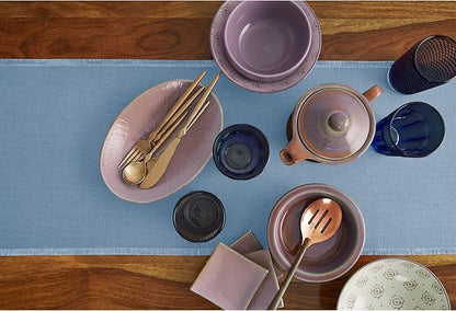 Solino Home Fringe Linen Table Runner 48 Inches - 100% Pure Linen Dusty Chambray Blue Table Runner 14 x 48 Inch Ideal for Dresser and Coffee Tables - Winter, Spring, Easter