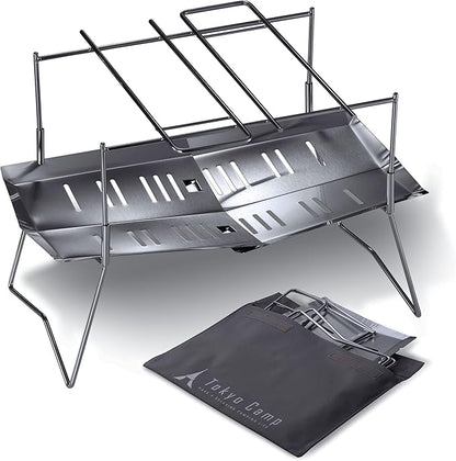 TokyoCamp HAKOSUKA Portable Fire Pit, Foldable Stainless Steel Wood Burning Stove, 11.9 x 8.5 x 10.6 in, Supports up to 44 lb Firewood, Lightweight Grill for Camping, BBQ & Bonfire
