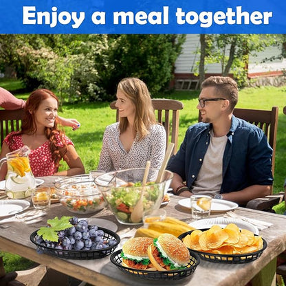 80 Pcs 9 x 5.7 Inch Reusable Oval Fast Food Baskets, Sturdy Plastic Serving Baskets for Fast Food, Parties, Picnics, BBQs and Snacks, by KUKLIPJIM.(Black)