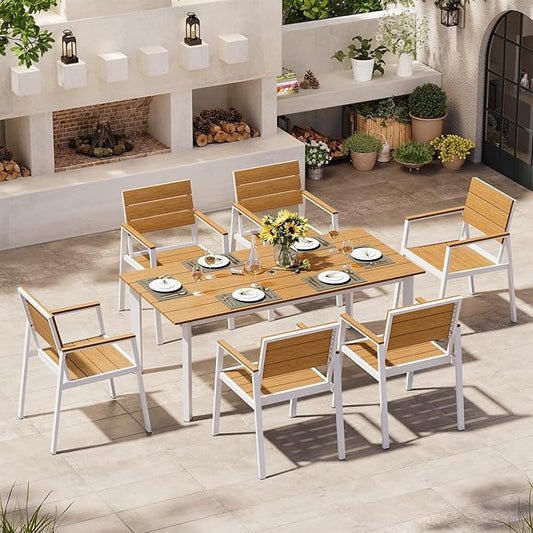 Outdoor Dining Set for 6, Patio Table and Chairs Set with Umbrella Hole, 7 Pieces HDPS + Aluminum Outdoor Furniture Sets for Patio, Garden (White & Teak)