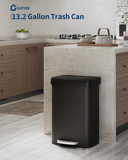 Garvee 13 gal / 50 L Metal Trash Can with Lid, Large Garbage Can for Kitchen, Rustproof Step-on Kitchen Metal Trash Bin with Liner Rim, Rear Handle, Soft Close Plastic Lid, Black