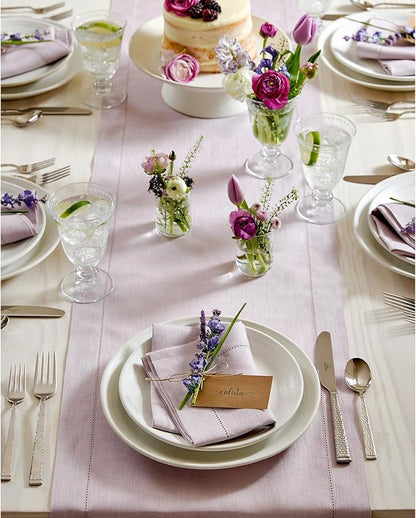 Solino Home Linen Lilac Table Runner 156 Inches Long - 100% Pure Linen Extra Long Table Runner 14 x 156 Inch for Valentines, Spring, Easter - Classic Hemstitch