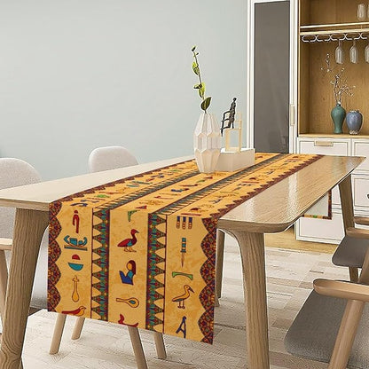 Egyptian Table Runner, Colorful Ancient Egyptian Hieroglyphs Floral Geometric Table Runner for Kitchen Family Dining Holiday Party Farmhouse 13x70in