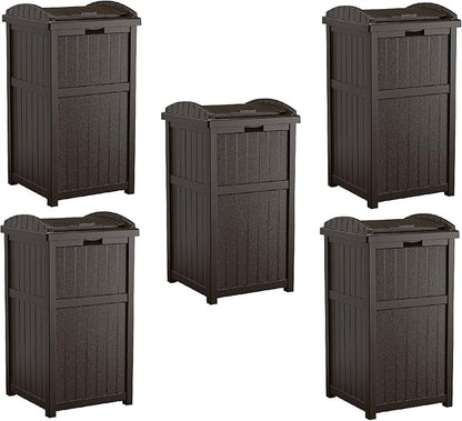 Suncast 5 Pack 33 Gallon Durable Plastic Hideaway Outdoor Garbage Can with Secure Lid & Wicker Design for Home Backyards, Decks, or Patios, Java Brown