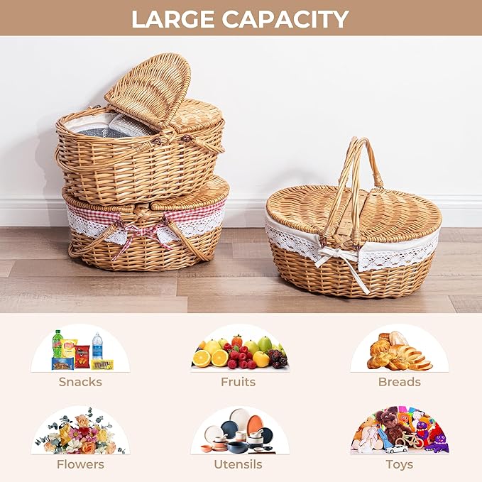 GRANNY SAYS Picnic Basket, Wicker Basket with Lid, Woven Cute Basket with Handle, Storage Basket with Washable Lining & Dual-Flid Lid, Natural Willow Picnic Hamper, White Lining