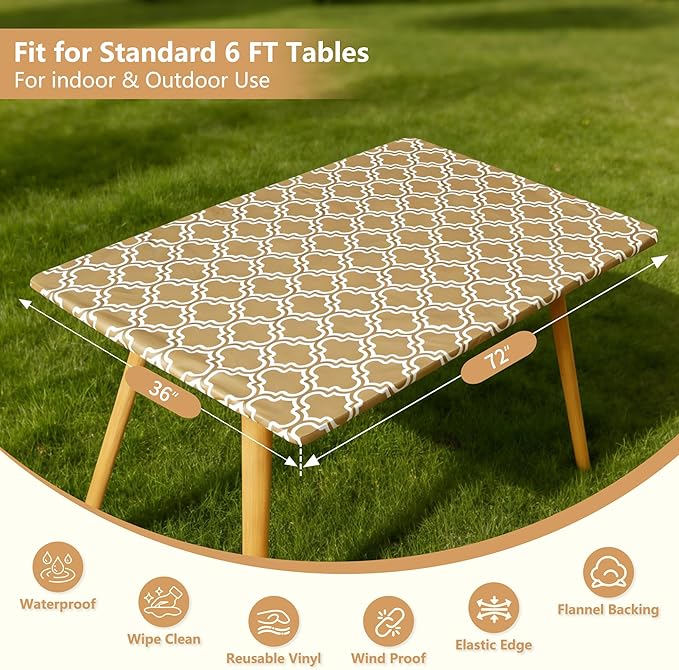 Rectangle Picnic Table Cloth, Elastic Waterproof Fitted Vinyl Tablecloths for 6 Foot Tables, Wipeable Flannel Backed Table Covers for Dining, Camping, Outdoor(Khaki,36"x72")