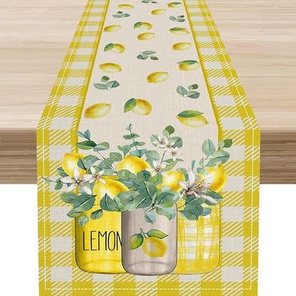 Lemon Table Runner, Farmhouse Yellow Buffalo Plaid Seasonal Summer Spring Fruits Lemon Coffee Table Center Decor for Home Kitchen Dining Party Patio Indoor Outdoor Table Decorations, 13"x36" Inch