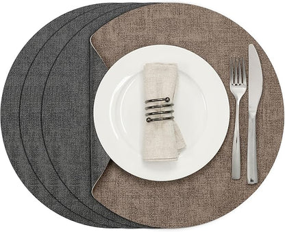 Myir JUN Round Placemats, Dual Sided Faux Leather Place Mats Set of 4 Indoor/Outdoor Non-Slip Washable Table Mats (Gray Brown, Set of 4)