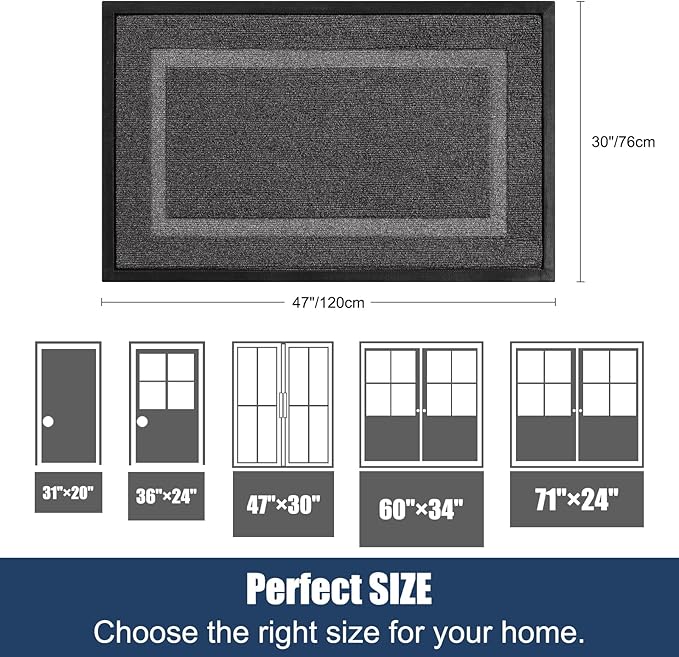 Large Front Door Mat Outside Entrance Indoor Doormat, 47" x 30" Outdoor Mats for Patio Waterproof, Outdoor Door Mats for Outside Entry, Indoor Rugs for Entryway, Sturdy Natural Rubber Entry Mat, Grey