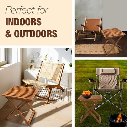 Folding Wooden Side Table – Premium Portable Foldable Table for Outdoor & Indoor Use, Patio, Camping & Small Spaces – Perfect with Adirondack Chairs – Golden Teak Finish