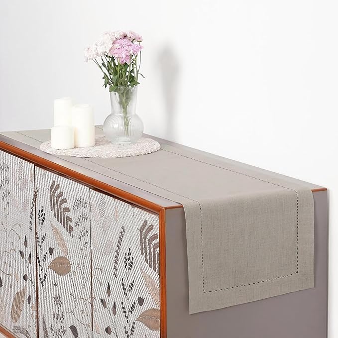 D'Moksha Homes Linen Natural Table Runner 72 Inches Long - 100% Pure Linen Hemstitch Table Runner 14 x 72 Inch for Dresser, Dining, Valentines, Spring, Easter - Classic Hemstitch