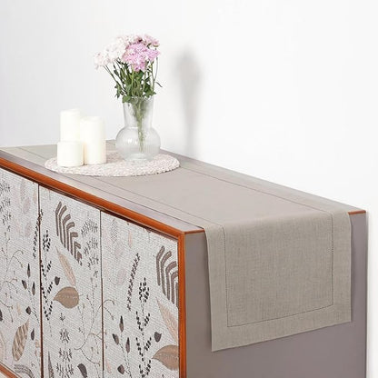 D'Moksha Homes Linen Natural Table Runner 60 Inches - Classic Hemstitch, 100% Pure Linen Coffee Table Runner 14 x 60 Inch Ideal for Dresser Tables, Valentines, Spring, Easter