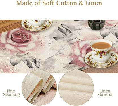 Pink Rose Floral Table Runner,Abstract Watercolor Flower Pattern Modern Romantic Kitchen Dining Table Decoration for Wedding Holiday Home Party 13x70in